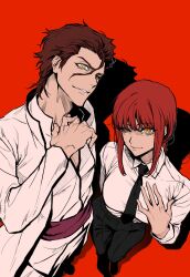  1boy 1girl aizen_sousuke black_necktie black_pants bleach braid braided_ponytail breasts brown_hair chainsaw_man commentary_request crossover from_above hair_between_eyes half-closed_eye hatching_(texture) height_difference highres korean_commentary large_breasts linear_hatching losloslaus makima_(chainsaw_man) necktie orange_eyes pants red_background red_hair sidelocks single_braid yellow_eyes 