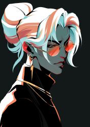  1boy black_background black_shirt closed_mouth commentary dark-skinned_male dark_skin earrings english_commentary hair_up heartsteel_yone highres jewelry lanymphesombre league_of_legends male_focus multicolored_hair piercing red-tinted_eyewear red_hair rimless_eyewear round_eyewear shirt simple_background solo streaked_hair tinted_eyewear turtleneck upper_body white_hair yone_(league) 