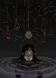  1girl brown_hair chain closed_eyes commentary copyright_name crack english_commentary hair_between_eyes hair_ornament highres kurashiki_akane kyokugen_dasshutsu kyokugen_dasshutsu:_9_jikan_9_nin_9_no_tobira kyokugen_dasshutsu_adv:_zennin_shibou_desu lips long_hair merort partially_submerged pocket_watch ripples rope second-party_source seven-segment_display signature solo unworn_wristwatch watch watch water zero_escape:_toki_no_dilemma 