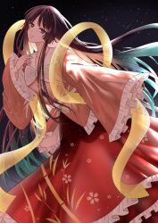  1girl bamboo_print bow bowtie brown_eyes brown_hair collared_shirt commentary eroriru frilled_shirt_collar frilled_skirt frilled_sleeves frills houraisan_kaguya long_hair long_skirt long_sleeves pink_shirt print_skirt red_skirt shirt skirt solo touhou very_long_hair white_bow white_bowtie wide_sleeves 