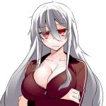  albino breasts character_request cleavage copyright_request crossed_arms flat_gaze highres huge_breasts ib large_breasts long_hair looking_at_viewer red_eyes silver_hair simple_background white_background xefy yamane_akira zipper 