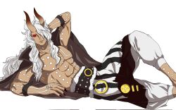  1boy armlet black_cape black_nails body_markings cape commentary_request dark-skinned_male dark_skin demon_boy demon_horns hair_over_one_eye highres horns jewelry long_hair looking_at_viewer lying male_focus nerona_imu on_back one_piece puffy_pants r1nd0_sh1_ba red_eyes ringed_eyes spiked_armlet toned toned_male topless_male white_hair 