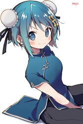  1girl absurdres artist_name black_pants black_ribbon blue_dress blue_eyes blue_hair bun_cover china_dress chinese_clothes commentary double_bun dress english_commentary hair_bun hair_ornament highres looking_at_viewer mahou_shoujo_madoka_magica miki_sayaka mitsureki_meyli musical_note musical_note_hair_ornament pants pelvic_curtain ribbon simple_background sitting solo white_background 