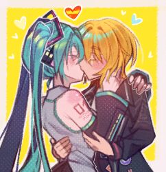  2026_fifa_world_cup 2girls aqua_hair black_coat black_sleeves blonde_hair border closed_eyes coat commentary_request crossover detached_sleeves don_quixote_(project_moon) eepyracoonagent grey_shirt hair_ornament hatsune_miku heart hug kiss limbus_company long_hair long_sleeves multiple_girls number_tattoo project_moon shirt short_hair shoulder_tattoo simple_background sleeveless sleeveless_shirt spanish_commentary tattoo twintails upper_body very_long_hair vocaloid white_border world_cup yellow_background yuri 