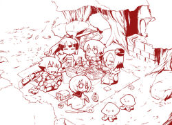  2boys 3girls ahoge armor bag bushidou_(sekaiju) bushidou_2_(sekaiju) chest_sarashi chibi chibi_only closed_eyes closed_mouth coat creature forest glasses gunner_(sekaiju) gunner_4_(sekaiju) hat high_ponytail long_hair medic_(sekaiju) medic_2_(sekaiju) monochrome multiple_boys multiple_girls nanateru nature o_o open_mouth paladin_(sekaiju) paladin_1_(sekaiju) picnic picnic_blanket ponytail profile red_theme sarashi scarf sekaiju_no_meikyuu sekaiju_no_meikyuu_2 shield shoes short_hair smile split_mouth staff sword swordsman_(sekaiju) swordsman_1_(sekaiju) v-shaped_eyebrows weapon 