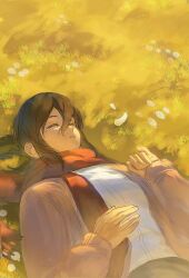  1girl black_hair cardigan closed_eyes feathers grass hair_between_eyes highres long_hair long_sleeves lying mikasa_ackerman on_back open_cardigan open_clothes outdoors parted_lips pink_cardigan red_scarf scar scar_on_cheek scar_on_face scarf shingeki_no_kyojin shirt solo tears upper_body white_feathers white_shirt yun_(dl2n5c7kbh8ihcx) 