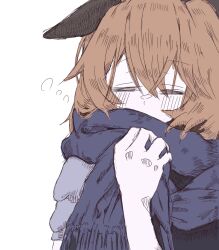  1girl animal_ears billythekidfan black_souls black_souls_2 blue_scarf blush brown_hair closed_eyes commentary_request dormouse_(black_souls) hair_between_eyes hand_up highres long_hair mouse_ears mouse_girl puffy_short_sleeves puffy_sleeves scarf scarf_over_mouth short_sleeves simple_background solo upper_body white_background 
