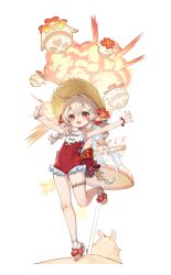  1girl :d ahoge arms_up back_bow bandaid bandaid_on_knee bandaid_on_leg beach_umbrella blonde_hair blush bow bracelet braid brown_hat choker collarbone commentary_request covered_navel dodoco_(genshin_impact) explosion eyelashes floating_hair flower frilled_one-piece_swimsuit frills genshin_impact gold_trim hair_between_eyes hair_flower hair_ornament hat hibiscus highres jewelry jumping jumpy_dumpty klee_(genshin_impact) leg_up long_hair looking_at_viewer low_twin_braids one-piece_swimsuit open_mouth pointy_ears red_bow red_choker red_eyes red_flower red_one-piece_swimsuit red_ribbon ribbon sample_watermark sand sand_sculpture sandals sidelocks smile solo straw_hat swimsuit teeth thigh_bow twin_braids umbrella upper_teeth_only watermark white_one-piece_swimsuit wrist_ribbon yu-ri_(arium047) 