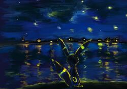  absurdres building commentary_request fishburi from_behind highres limited_palette night outdoors pokemon pokemon_(creature) pokemon_focus reflection reflective_liquid sitting sky star_(sky) starry_sky umbreon water 