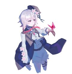  1girl belt beret black_choker black_coat black_hat bug butterfly butterfly_on_hand center_frills choker closed_mouth coat collared_coat colored_extremities cowboy_shot cropped_legs flower flower-trimmed_shorts flower-trimmed_sleeves frills gradient_hair hair_flower hair_ornament hat hat_flower hat_ribbon kani_sense7 long_sleeves mahou_shoujo_no_majo_saiban multicolored_hair neck_ribbon o-ring o-ring_thigh_strap pants pink_eyes pink_hair ribbon sakuraba_ema shirt short_hair shorts simple_background sleeveless sleeveless_coat smile solo spoilers thigh_strap white_background white_flower white_hair white_pants white_ribbon white_shirt white_shorts white_sleeves witch_(manosaba) x_hair_ornament 