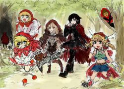  6+girls akazukin_(otogi-juushi_akazukin) akazukin_chacha akazukin_to_kenkou anger_vein apple b.b._hood basket black_hair black_souls blonde_hair blood blood_splatter blue_eyes bomb boots brown_eyes cape chacha_(akazukin_chacha) cloak color_connection commentary corset crossover darkstalkers dress explosive food forest fruit grey_eyes gun holding holding_basket holding_food holding_fruit holding_gun holding_weapon hood hooded_cloak little_red_riding_hood_(fairy_tale) little_red_riding_hood_(fairy_tale_character) look-alike multiple_crossover multiple_girls name_connection nature odd_one_out orange_eyes otogi-juushi_akazukin red_cape red_cloak red_hood red_hood_(black_souls) red_riding_hood_(sinoalice) ruby_rose rwby sushi_yuusha_toro trait_connection walking weapon 
