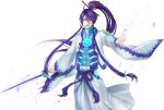  blue_eyes highres japanese_clothes kamui_gakupo long_hair male ohse payot ponytail purple_hair solo sword very_long_hair vocaloid weapon 
