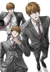  1boy belt black_belt blonde_hair brown_shoes closed_mouth from_below full_body grey_jacket grey_pants grey_suit hand_in_pocket hands_in_pockets jacket male_focus mob_psycho_100 multiple_views necktie open_mouth pants pink_necktie reigen_arataka shirt shirt_tucked_in shoes short_hair simple_background sso_s standing suit suit_jacket white_background white_shirt 