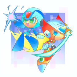  2boys arm_cannon armor blue_armor blue_eyes blue_helmet chest_jewel chibi energy_sword forehead_jewel full_body green_eyes helmet highres holding holding_sword holding_weapon lei_arrrrt10 male_focus mega_man_(series) mega_man_x_(series) multiple_boys red_armor red_helmet sword weapon x_(mega_man) zero_(mega_man) 