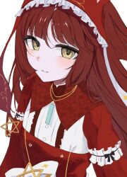  1girl ahoge animal_ears blunt_bangs blunt_ends blunt_sidelocks blush brown_headdress closed_mouth dress frilled_hairband frills hair_between_eyes hairband highres horse_ears horse_girl layered_hair long_hair long_sleeves looking_at_viewer minu0_u red_desire_(divine_raiment)_(umamusume) red_desire_(umamusume) red_dress red_hair red_hairband red_headdress red_veil sidelocks simple_background smile solo star_ornament umamusume veil white_background yellow_eyes 