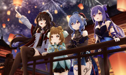 4girls absurdres aerial_fireworks ahoge alternate_costume architecture bare_shoulders black_dress black_pantyhose blue_hair bow-shaped_hair brown_eyes brown_hair chinese_clothes commentary_request cone_hair_bun diamond-shaped_pupils diamond_(shape) double_bun dress east_asian_architecture fireworks flower-shaped_pupils ganyu_(genshin_impact) ganyu_(twilight_blossom)_(genshin_impact) genshin_impact hair_bun hair_ornament hair_rings hat highres horns hu_tao_(cherries_snow-laden)_(genshin_impact) hu_tao_(genshin_impact) keqing_(genshin_impact) keqing_(opulent_splendor)_(genshin_impact) lantern long_hair long_sleeves multiple_girls night official_alternate_costume open_mouth pantyhose paper_lantern pink_eyes pointing purple_hair red_eyes sitting sky sky_lantern smile symbol-shaped_pupils thigh-highs twintails violet_eyes yaoyao_(genshin_impact) yaoyao_(rainlit_bamboo_reverie)_(genshin_impact) yekongxia_de_hai yellow_eyes 