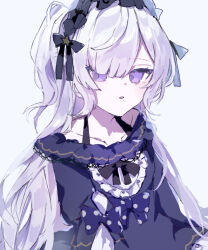  1girl bare_shoulders black_ribbon blue_dress blue_hairband bow collarbone crescent crescent_necklace dress dress_bow frilled_dress frilled_hairband frilled_sleeves frills gothic_lolita hair_over_one_eye hair_ribbon hairband highres jewelry lolita_fashion lolita_hairband long_hair long_sleeves looking_at_viewer mahou_shoujo_no_majo_saiban mochiyuka natsume_an-an necklace off-shoulder_dress off_shoulder polka_dot polka_dot_bow ribbon simple_background sleeve_bow sleeves_past_fingers sleeves_past_wrists solo upper_body violet_eyes white_background white_hair wide_sleeves 