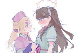  2girls ? aqua_dress bandaid bandaid_hair_ornament blonde_hair blue_eyes blush brown_hair commentary double_bun dress eye_contact fujishima_megumi full-face_blush hair_bun hair_ornament hair_ribbon hakuchu_a_la_mode hat head_steam heart heart_hair_ornament highres long_hair looking_at_another love_live! love_live!_hasu_no_sora_jogakuin_school_idol_club mira-cra_park! multiple_girls nervous_sweating nurse nurse_cap osawa_rurino pill_hair_ornament pink_dress pink_hat pipi_(m1x_mix) puffy_short_sleeves puffy_sleeves ribbon short_sleeves sweat sweatdrop twintails two_side_up upper_body violet_eyes vital_sign_(love_live!) white_ribbon x_hair_ornament 
