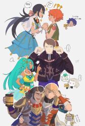  !? ... 3girls 6+boys anger_vein angry arm_around_shoulder black_hair blue_dress blue_eyes breasts cai_(fire_emblem) chibi chibi_inset closed_eyes commentary cup dark-skinned_female dark-skinned_male dark_skin dietrich_(fire_emblem) dress drunk esmeralda_(fire_emblem) fabio_(fire_emblem) finger_in_own_ear fire_emblem fire_emblem:_fortune's_weave flustered highres holding holding_cup holding_hands holding_sign lazy_eye low_twintails lysander_(fire_emblem) medium_breasts multiple_boys multiple_girls open_mouth peter_(fire_emblem) pompadour ponytail sasaki_(dkenpisss) sign theodora_(fire_emblem) tiara_(fire_emblem) tobias_(fire_emblem) twintails untranslatable_commentary upper_body wide-eyed 
