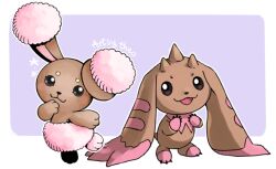  alternate_color animal_ears artsy-theo brown_eyes brown_fur brown_horns buneary commentary crossover digimon digimon_(creature) horns lop_rabbit_ears lopmon multiple_horns no_humans parody pink_fur pokemon pokemon_(creature) purple_background rabbit rabbit_ears shiny_pokemon species_connection style_parody sugimori_ken_(style) two-tone_fur watanabe_kenji_(style) 