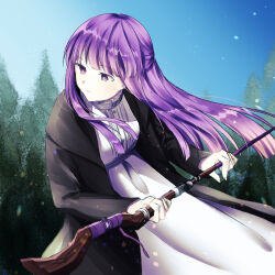  1girl akafuji186 black_coat blue_sky bright_pupils closed_mouth coat commentary_request day dress eyelashes fern_(sousou_no_frieren) highres holding holding_staff long_hair open_clothes open_coat outdoors pale_skin purple_hair sky solo sousou_no_frieren staff tree violet_eyes white_dress white_pupils 