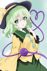  13nonaigdaz 1girl black_hat bow breasts buttons character_watermark collared_shirt commentary_request diamond_button disembodied_linked_eye eyeball frilled_shirt_collar frilled_sleeves frills green_eyes green_hair green_skirt hat hat_bow heart heart_of_string komeiji_koishi long_sleeves looking_at_viewer medium_hair open_mouth shirt skirt small_breasts solo touhou wide_sleeves yellow_bow yellow_shirt 