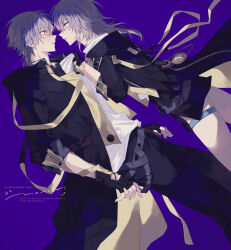  1boy 1girl arm_strap bare_shoulders belt black_belt black_gloves black_jacket black_pants black_skirt blush breasts caelus_(honkai:_star_rail) chain clothes_grab crying crying_with_eyes_open dual_persona feet_out_of_frame fingerless_gloves fingernails floating_clothes from_side gloves gold_chain grey_hair hair_between_eyes hand_up highres honkai:_star_rail honkai_(series) hood hooded_jacket jacket long_hair long_sleeves looking_at_another medium_breasts miniskirt mogi_(green_tea_planet) multiple_belts off-shoulder_shirt off_shoulder open_clothes open_jacket open_mouth pants pocket_watch purple_background shirt short_hair signature simple_background skirt standing stelle_(honkai:_star_rail) t-shirt tears thigh_strap trailblazer_(honkai:_star_rail) two-sided_fabric two-sided_jacket watch white_shirt yellow_eyes yellow_jacket 