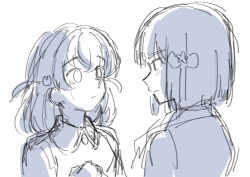  2girls blunt_bangs blunt_ends blurry blurry_background blush bob_cut canon_event coat collared_coat commentary_request eye_contact flower greyscale hair_flower hair_ornament hinoshita_kaho looking_at_another love_live! love_live!_hasu_no_sora_jogakuin_school_idol_club medium_hair momose_ginko monochrome multiple_girls nogreen rabbit_hair_ornament short_hair simple_background sketch two_side_up unfinished upper_body virtual_youtuber white_background 