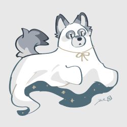  :< absurdres animal_focus closed_mouth commentary full_body grey_background highres no_humans original rinrinwolf signature simple_background sparkle under_covers white_blanket wolf 