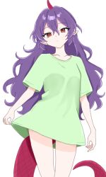  13nonaigdaz 1girl bottomless closed_mouth collarbone commentary_request cowboy_shot expressionless green_shirt highres horns lizard_tail long_hair messy_hair oversized_clothes oversized_shirt pointy_ears purple_hair purple_horns purple_tail red_eyes red_horns scales shirt short_sleeves single_horn solo tail tenkajin_chiyari touhou very_long_hair very_long_tail white_background 