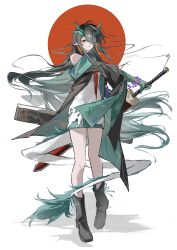  1girl absurdres arknights bare_shoulders bead_bracelet beads black_boots black_hair black_jacket boots bracelet chinese_commentary closed_mouth colored_extremities colored_skin commentary_request dragon_girl dragon_horns dragon_tail dress dusk_(arknights) earrings eastern_dragon_tail ezumly floating_hair full_body green_hands green_horns hair_over_one_eye highres holding holding_sword holding_weapon horns jacket jewelry long_hair long_sleeves looking_at_viewer multicolored_hair necktie pointy_ears red_eyes red_necktie short_dress solo standing streaked_hair sword tail weapon white_background white_dress 