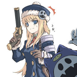  1girl arm_up armor blonde_hair blue_coat blue_eyes blue_hat brown_gloves buttons coat commentary_request crossover fang fur_trim gloves gun gunner_(sekaiju) gunner_2_(sekaiju) handgun hat jack_frost_(megami_tensei) kuro_goma_(kakkou11) long_hair looking_at_viewer lowres necktie open_mouth red_necktie sekaiju_no_meikyuu sekaiju_no_meikyuu_2 shin_megami_tensei simple_background skin_fang split_mouth sweatdrop translation_request weapon white_background 