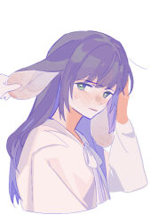  1girl animal_ears blush closed_mouth commentary cropped_torso dress embarrassed green_eyes highres holding_ear kemonomimi_mode long_hair long_sleeves lop_rabbit_ears love_live! love_live!_hasu_no_sora_jogakuin_school_idol_club otomune_kozue otomune_kozue_(winter_loungewear) out_of_frame pipi_(m1x_mix) purple_hair rabbit_ears rabbit_girl solo_focus upper_body virtual_youtuber white_dress 