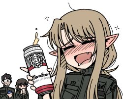  1boy 2girls beer_can black_hair blonde_hair breasts can closed_eyes drink_can drunk english_text fang glasses green_jacket hand_up head_tilt holding holding_can jacket karepack kim_geonu long_hair low_ponytail multiple_girls open_mouth original pointy_ears ponytail short_hair sidelocks small_breasts smile solo_focus sweatdrop upper_body yi_jina 