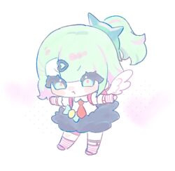  1girl :t arm_warmers bag blush chibi closed_mouth ddalgiseaweed full_body green_eyes green_hair hair_ornament hairclip looking_at_viewer necktie pink_arm_warmers pink_bag pout red_necktie shirt simple_background skirt solo striped_arm_warmers sunna_(zenless_zone_zero) white_background white_shirt white_wings winged_bag wings zenless_zone_zero 