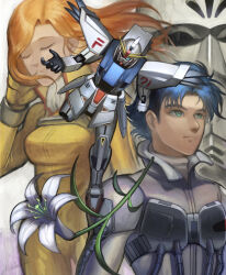  1boy 1girl berah_ronah blue_eyes blue_hair cable cecily_fairchild closed_eyes commentary_request crossbone_vanguard earth_federation f91_gundam flower gundam gundam_f91 hand_on_own_head highres kishida_kai long_hair mecha mecha_pilot_suit mobile_suit orange_hair robot science_fiction seabook_arno signature v-fin 
