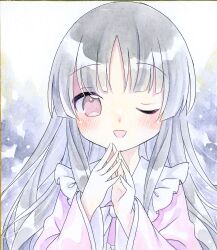  1girl :d ;d black_hair blush collared_shirt commentary_request frilled_shirt_collar frills highres houraisan_kaguya kagome_f long_sleeves looking_at_viewer one_eye_closed open_mouth purple_shirt shirt smile solo steepled_fingers touhou upper_body violet_eyes 