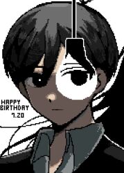  1boy antenna_hair black_hair black_sweater_vest closed_mouth collared_shirt colored_skin dated double-parted_bangs dual_persona expressionless hair_between_eyes happy_birthday light_bulb looking_at_viewer male_focus matsutsu1105 omori omori_(omori) pixel_art portrait shirt short_hair solo sunny_(omori) sweater_vest white_shirt white_skin 