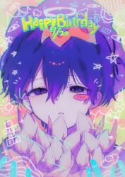  1boy absurdres antenna_hair black_eyes black_hair blush_stickers commentary dated double-parted_bangs flower hair_between_eyes happy_birthday highres looking_at_viewer male_focus omori outo401kyouhu parted_lips portrait short_hair single_blush_sticker solo sunny_(omori) tulip white_flower white_tulip 