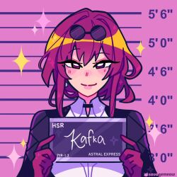  1girl artist_name barbie_mugshot_(meme) black_jacket blush card character_name collared_shirt double-parted_bangs eyewear_on_head gloves height_mark highres holding holding_card holding_sign honkai:_star_rail honkai_(series) jacket jacket_on_shoulders kafka_(honkai:_star_rail) meme mugshot nameplate nose_blush opaque_sunglasses open_clothes open_jacket pale_skin pink_background purple_gloves purple_hair raised_eyebrow savagemeow shirt short_hair_with_long_locks sign smile solo sparkle_background straight-on sunglasses tsurime undershirt upper_body violet_eyes white_shirt 