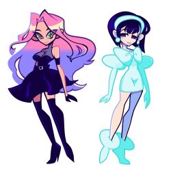  2girls alien_stage black_boots black_dress black_hair bob_cut boots bow chest_bow clothing_cutout commentary dress dress_bow earrings english_commentary gloved_sleeves hairband highres jewelry juliet_sleeves long_hair long_sleeves mizi_(alien_stage) multicolored_hair multiple_girls noodlebowl_pop pink_hair puffy_sleeves purple_hair short_hair short_sleeves shoulder_cutout sua_(alien_stage) thigh_boots toon_(style) two-tone_hair very_long_hair violet_eyes white_background white_boots white_bow white_dress white_hairband yellow_eyes 