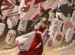  1girl absurdres ascot bow brown_hair commentary detached_sleeves frilled_bow frilled_hair_tubes frills hair_bow hair_tubes hakurei_reimu highres huanyin lantern long_hair looking_at_viewer paper_lantern red_bow red_eyes red_skirt ribbon-trimmed_sleeves ribbon_trim skirt skirt_set solo touhou translation_request yellow_ascot 