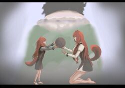  1boy 2girls absurdres animal_ear_fluff animal_ears ball barefoot black_dress black_hair blurry blurry_background brown_hair child closed_mouth commentary dress grey_background grey_dress hair_tubes hands_up highres holding holding_ball iwatani_naofumi kneeling layered_dress long_hair maorell medium_dress metal_anklet metal_hair_tubes metal_wrist_cuffs multiple_girls parted_lips pinstripe_dress pinstripe_pattern raccoon_ears raccoon_girl raccoon_tail raphtalia raphtalia_(young) red_dress red_eyes short_dress short_hair short_sleeves sleeveless sleeveless_dress smile tail tanuki tate_no_yuusha_no_nariagari time_paradox two-tone_dress white_dress 