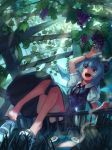  animal_on_head bare_legs barefoot blue_eyes blue_hair cirno dr.k feet food frog fruit grapes open_mouth outdoors shoe_dangle short_hair single_shoe sitting smile smoke solo touhou wings 