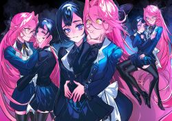 2girls alien_stage alternate_costume black_bow black_hair black_ribbon black_shirt black_shoes black_thighhighs blue_jacket blue_skirt bow buttons cheek_squash collared_shirt commentary double-breasted english_commentary flower_in_eye glasses hair_bow hairband half_updo hand_on_another's_face hands_on_another's_stomach high_heels highres jacket lilbpeach long_hair mizi_(alien_stage) multiple_girls neck_ribbon pleated_skirt ribbon school_uniform shirt shoes short_hair sitting sitting_on_lap sitting_on_person skirt sua_(alien_stage) symbol_in_eye thigh-highs very_long_hair violet_eyes white_hairband white_ribbon yellow_eyes 