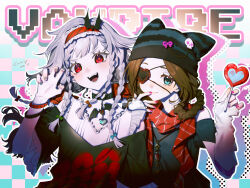  2girls :d absurdres aima_(reverse:1999) alternate_costume arm_warmers artist_name bare_shoulders bat_hair_ornament bat_necklace beanie black_choker black_hat black_shirt blue_eyes blue_nails box_galaxy braid braided_hair_rings brown_hair candy checkered_background choker claw_pose closed_mouth clothing_cutout drop_shadow english_text eyepatch fangs food grey_hair hair_ornament hair_rings hairband hands_up hat heart heart-shaped_food heart-shaped_lollipop heart_eyepatch highres holding holding_candy holding_food holding_lollipop lollipop multiple_braids multiple_girls one_eye_covered open_mouth pixel_text quad_braids red_eyes red_hairband red_nails red_scarf reverse:1999 rubuska scarf shaped_lollipop shirt short_sleeves shoulder_cutout side-by-side signature smile teeth upper_body white_arm_warmers 