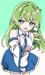  13nonaigdaz 1girl blue_skirt blush breasts character_watermark collared_shirt commentary_request detached_sleeves frilled_skirt frills frog_hair_ornament green_eyes green_hair hair_ornament hair_tubes highres kochiya_sanae leaning_forward long_hair looking_at_viewer medium_breasts open_mouth shirt single_hair_tube skirt sleeveless sleeveless_shirt snake_hair_ornament solo sweat touhou very_long_hair white_shirt 