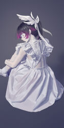  1girl absurdres black_hair closed_eyes columbina_(genshin_impact) dress eye_mask facing_back frilled_dress frills from_behind genshin_impact gradient_hair grey_background hair_ornament hair_ribbon highres mask multicolored_hair nohemi pale_skin pink_hair ponytail ribbon simple_background sitting solo two-tone_hair white_dress wing_hair_ornament 