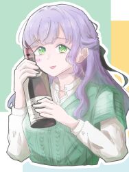  1girl :d black_ribbon blush bottle commentary_request cropped_torso green_background green_eyes green_sweater hair_ribbon half_updo highres holding holding_bottle kochi_(5chi) layered_sleeves long_sleeves looking_at_viewer love_live! love_live!_hasu_no_sora_jogakuin_school_idol_club open_mouth otomune_kozue otomune_kozue_(in_university) outline ribbon shirt short-sleeved_sweater short_over_long_sleeves short_sleeves shorts side_slit side_slit_shorts smile solo sweater upper_body virtual_youtuber white_outline white_shirt wine_bottle 