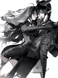  1boy 1girl above-cleavage_cutout absurdres ahoge badge black_flower black_hair black_horns black_jacket black_necktie black_pants black_petals black_rose black_shorts black_veil braid breasts buttons clothing_cutout commission corset crossed_bangs demon_horns double-breasted double-parted_bangs expressionless falling_petals fangs feet_out_of_frame floating_hair flower gloves grabbing_another's_chin grey_corset grey_eyes grey_flower grey_gloves grey_ribbon grey_rose grey_vest hair_between_eyes hair_over_shoulder hand_on_another's_chin hand_on_another's_shoulder head_tilt hetero high_collar highres holding holding_flower horns hug jacket lace-trimmed_veil lace_trim lapels leg_ribbon long_hair long_sleeves looking_at_viewer malleus_draconia malleus_draconia_(nightmare_suit) necktie noe_corbin_(only_formalleus) oc_x_canon official_alternate_costume open_clothes open_jacket open_mouth original pale_skin pants petals pocket pointy_ears puffy_long_sleeves puffy_sleeves ribbon rose school_uniform second-party_source see-through_clothes see-through_veil shaded_face shirt short_shorts shorts sidelocks sideways_glance simple_background slit_pupils small_breasts smirk stitches striped_clothes striped_necktie thigh_ribbon twisted_wonderland veil vertical-striped_corset vest wavy_hair white_background white_shirt wingtip_collar zan_cm1 